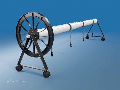 Pool Express - A pool cover roller with a large black wheel, metal frame, and support legs on wheels, holding a rolled-up pool cover against a blue background.
