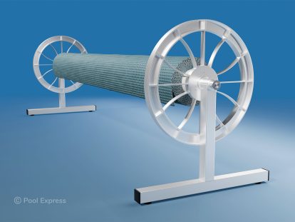 Pool Express - A pool cover roller with a silver metal frame and large wheels, holding a rolled-up pool cover, is displayed against a blue background.