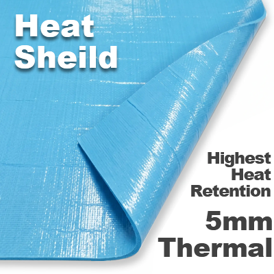 Pool Express - A blue 5mm thermal heat shield mat, partially folded, features text stating Heat Shield, Highest Heat Retention, and 5mm Thermal—a reliable choice for aerial pool measure and optimal insulation.