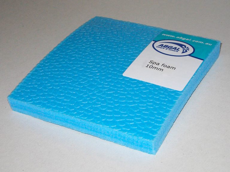 Pool Express - A blue rectangular piece of spa foam, 10mm thick, with a textured surface and a white label displaying the brand ABGAL.