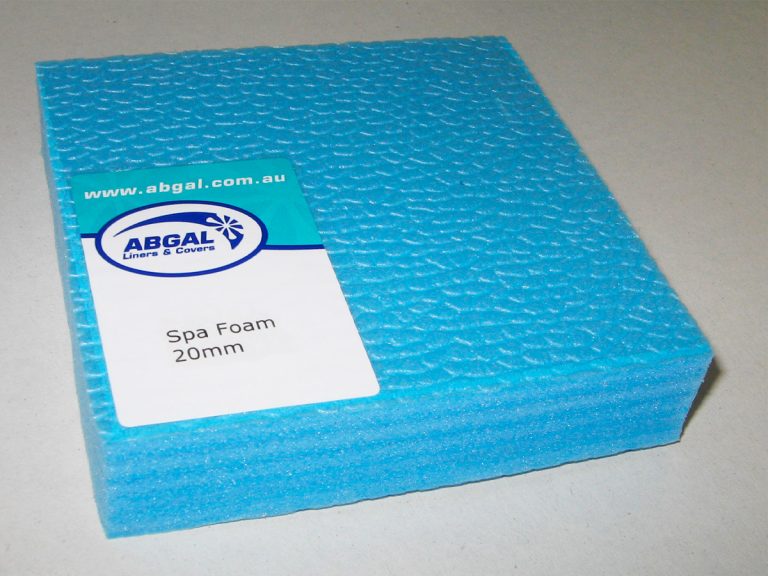 Pool Express - A stack of blue ABGAL Spa Foam sheets, each 20mm thick, with a label showing the brand, website, and product description.