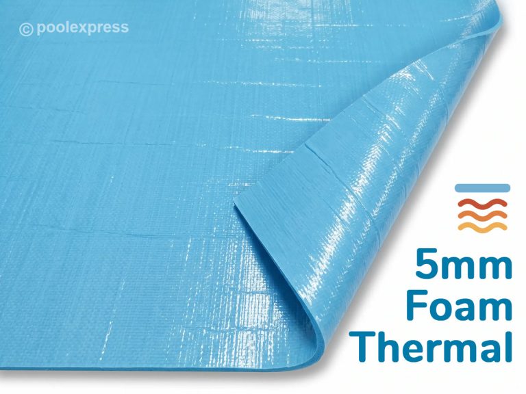 Pool Express - A close-up of a blue 5mm foam thermal pool cover with one corner lifted, next to text and an icon indicating thermal properties.