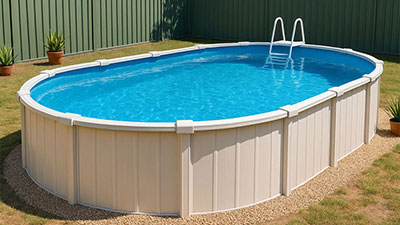 Pool Express - An above-ground oval swimming pool with clear blue water stands in a grassy backyard, surrounded by a gravel border and a few potted plants.